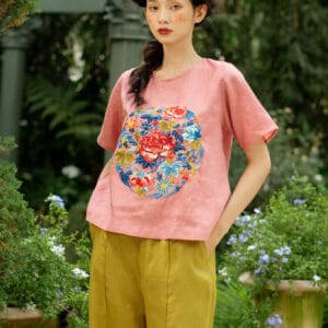 Áo linen cổ tròn tay cộc thêu hoa sa hạt